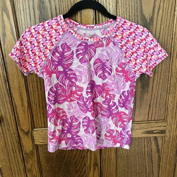 Athleta | Girls Splash Rash Guard Shirt in Pink Tropical Palm Leaf Geo | Large - Picture 2 of 4